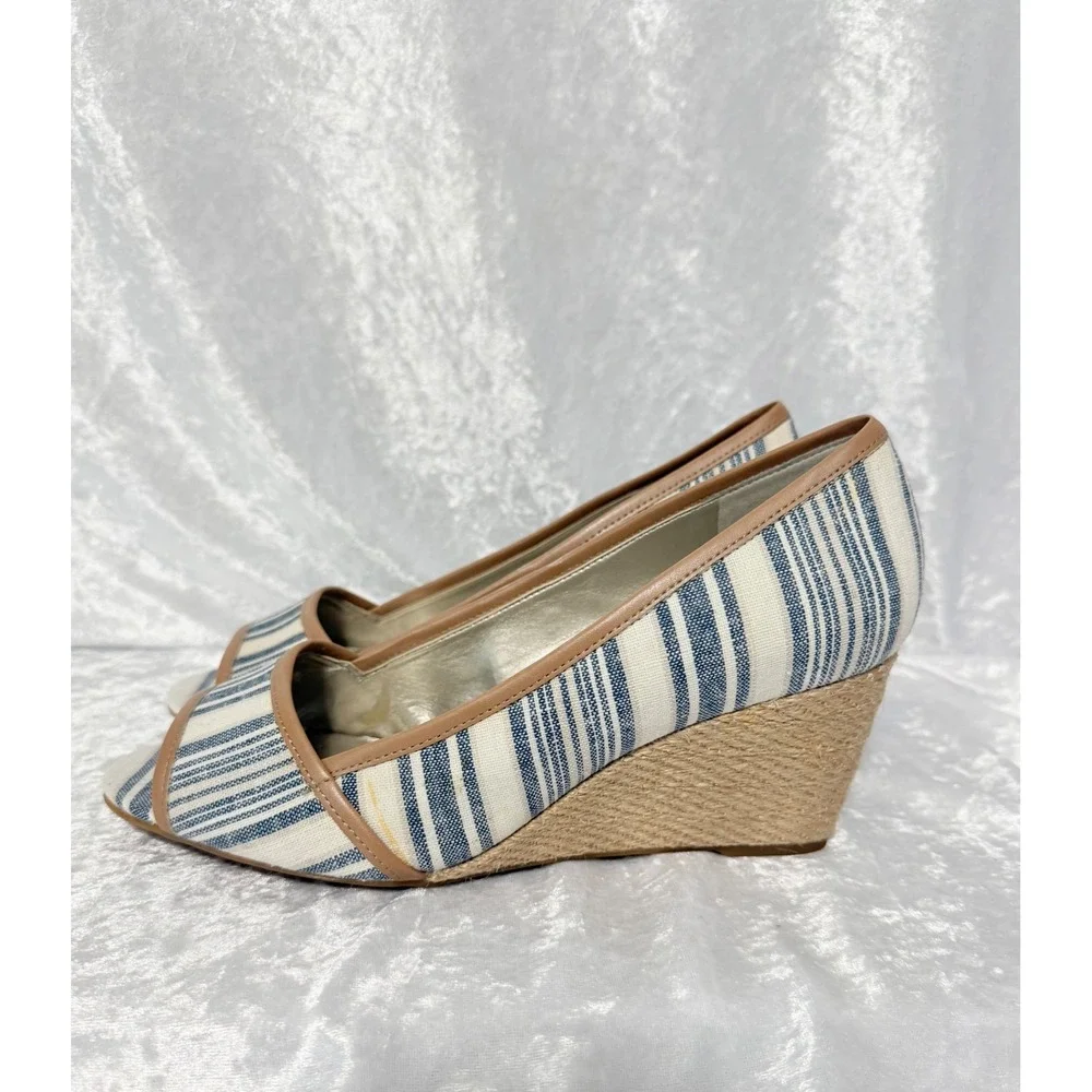 Easy Spirit Brigette Size-8W Blue White Striped Espadrille Wedge Peep Toe Shoes